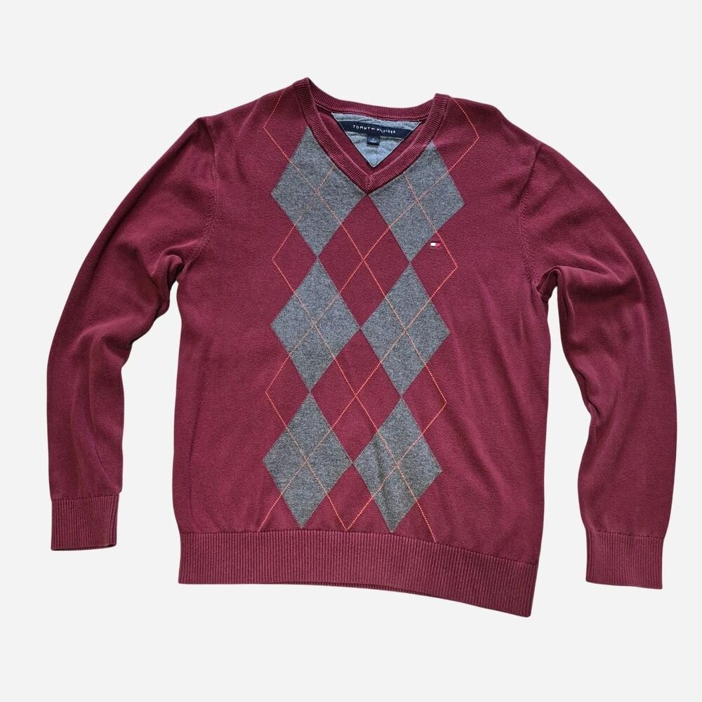 Tommy-hilfiger Men's Burgundy and Grey Jumper